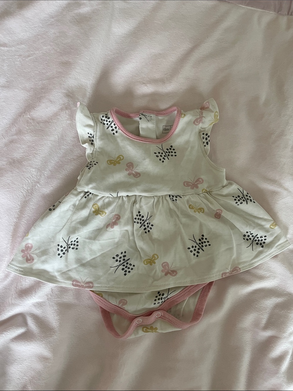 Kiss White Dress-Style Bodysuit with Pink Trim and Butterfly Motif